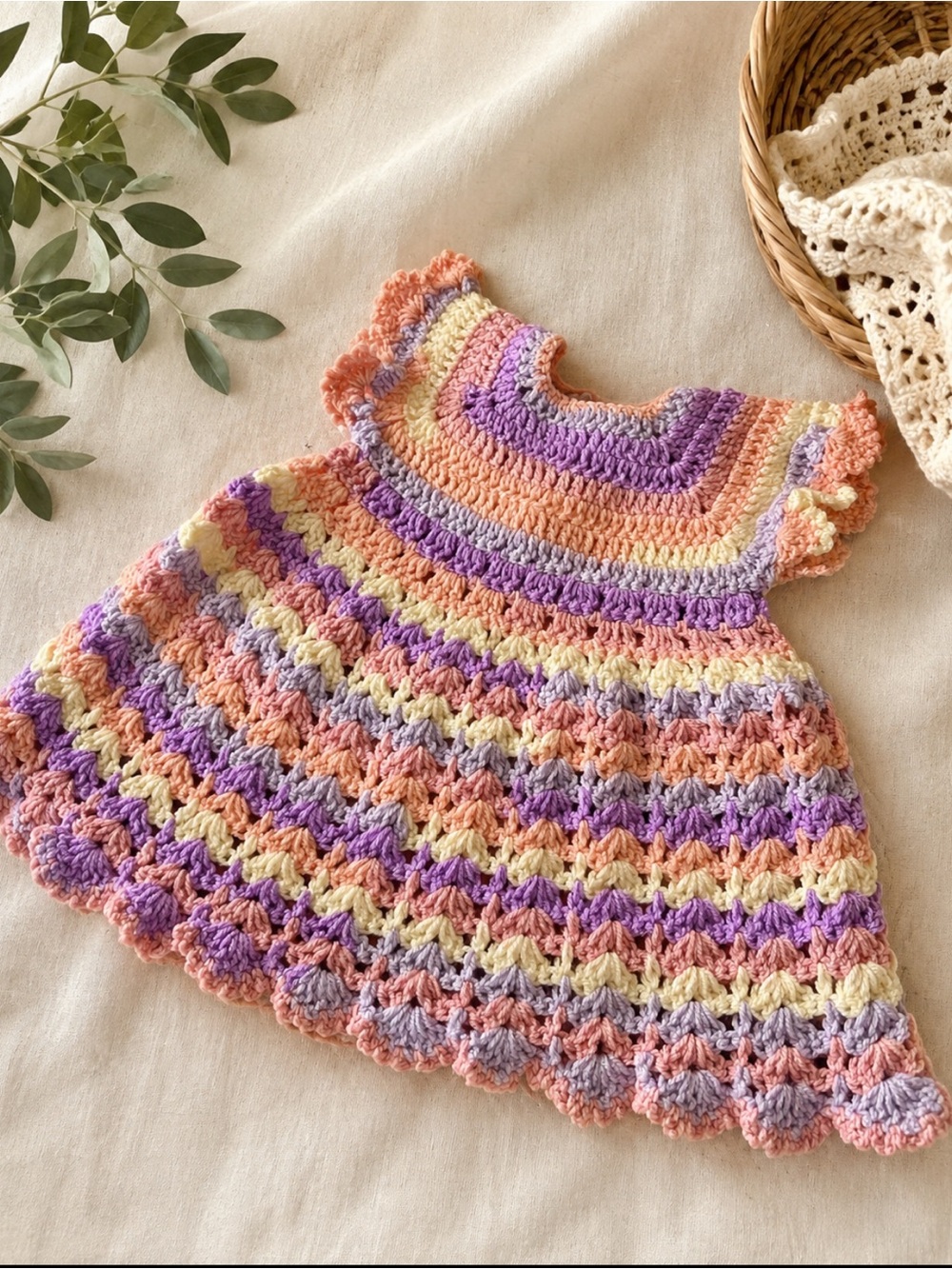Handmade Crochet Baby Girl Dress Pastel Ruffle Scalloped Cottagecore 3-6M